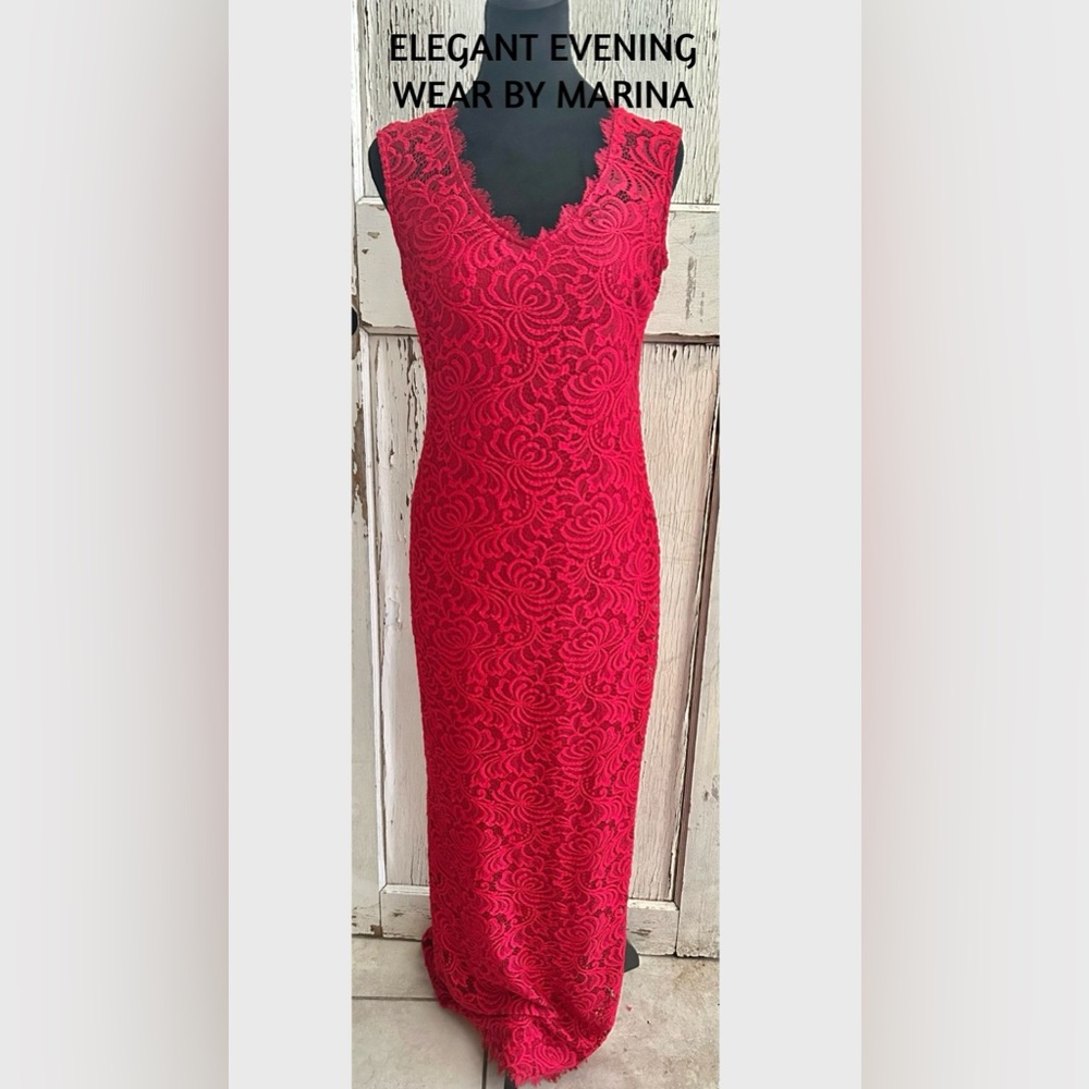 Elegant Scarlet Red Scallop V-neck‎ Maxi Dress-SMALL.